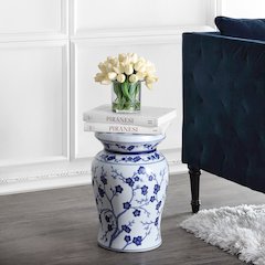 Cherry Blossom 18" Blue and White Chinoiserie Floral Ceramic Garden Stool