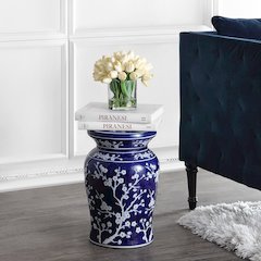 Cherry Blossom Classic 17.75" Blue and White Ceramic Garden Stool