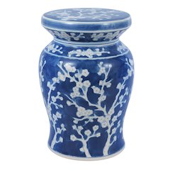 Cherry Blossom Classic 17.75" Blue and White Ceramic Garden Stool