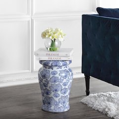 Poppies 17.75" White and Blue Floral Chinoiserie Ceramic Drum Garden Stool