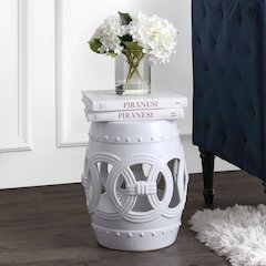 Lucky Coins 16" White Ceramic Cutout Interlocking Rings Drum Garden Stool