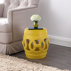 Lucky Coins 16" Matte Yellow Ceramic Cutout Interlocking Rings Drum Garden Stool