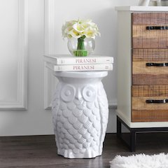 Groovy Owl 17.5" Traditional White Floral Chinoiserie Ceramic Drum Garden Stool