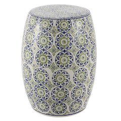 Lula 17.25" Blue and Green Floral Chinoiserie Ceramic Drum Garden Stool