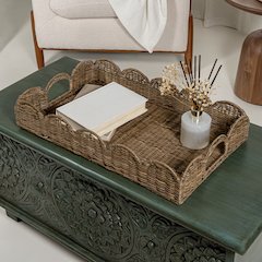 Scalloped Southwestern Cottage Hand-Woven Rattan Tray With Handles