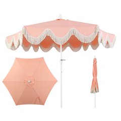 9 ft. Classic Cottage Fringe Tassel Market Patio Umbrella in Coral Pink/Cream