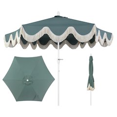 9 ft. Classic Cottage Fringe Tassel Market Patio Umbrella in Green/Cream