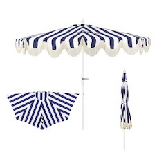 9 ft. Designer Classic Scalloped Fringe Half Market Patio Umbrella in Navy/White