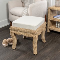 Rowan 18.5" Coastal Woven Rattan Vanity Stool with White Upholstered Cushion