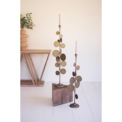 Set Of Two Antique Brass Candle Holders With Round Discs Detail