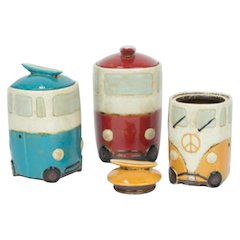Set Of Three Ceramic Van Canisters With Surfboard Handles