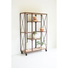 Iron And Wood Display Alternating Shelves And Iron Casters