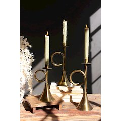Set Of Three Antique Brass Trumpet Taper Candle Holders
