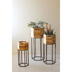 Set Three Hexagon Recycled Wood Planters On Metal Bases
