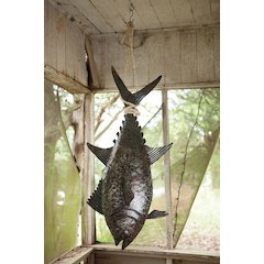 Recycled Hand Hammered Metal 3D Tuna W Sisal Rope