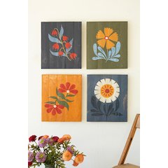 Set Of Four Hand Painted Florals On Recycled Wood Panels