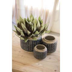Set Of Three Dark Blue Knobby Ceramic Pots