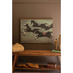 Framed Paint Over Print Four Run Away Race Horses