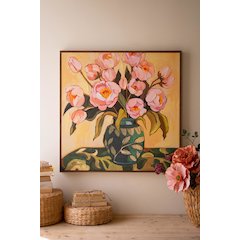 Framed Painting - Pink Flowers with Blue Vase