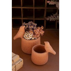 Set Of Two Concrete Planters With Birds - Terracotta