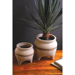 Set Of Two Terracotta Planters With Horizontal Brown Stripe