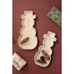 Set Of Two Carved Wood Snowmen Trays