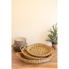 Set Of Three Woven Vine Oval Trays With Handles