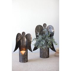 Set Of Two Rustic Metal Angel Candle Holders
