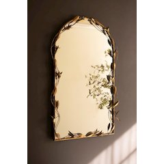Tall Arched Antique Brass Framed Mirror With Leaves