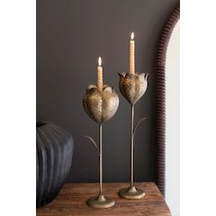 Set Of Two Antique Brass Tulip Taper Candle Holders