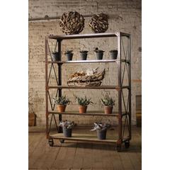 Large Iron & Wood Display W Five Shelves & Iron Casters