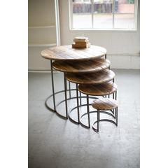 Set Of Five Recycled Wood And Iron Round Display Tables