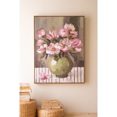 Framed Paint Over Print - Green Vase with Pink Flowers