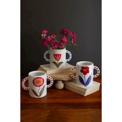 Set Of Three Ceramic Double Handle Vases With Flowers