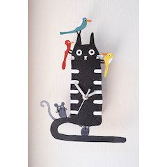 Hand Painted Wall Clock - Black Cat with Birds