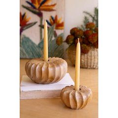 Set Of Two Carved Teakwood Pumpkins Taper Candle Holders