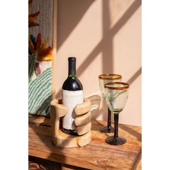 Carved Teakwood Wine Bottle Holder - Hand