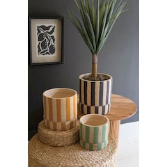 Set Of Three Clay Planters With Striped Details + Trays -One Each Size