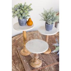 Set Of Three Wooden Display Stands With White Marble Tops