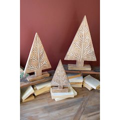 Set Of Three Carved Woodn Christmas Trees On Stands
