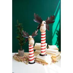 Set 2 Recycled Iron Moose W Red & Whte Painted Wood Bases
