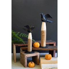 Set Of Two Black Iron Crows On Wooden Bases