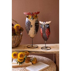 Set Of Two Recycled Iron Owls On Stands