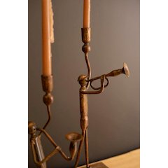 Set Of Two Forged Iron Trumpet And Saxaphone Taper Candle Holders