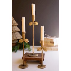 Set Of Three Forged Iron Antique Gold Holly Taper Holders