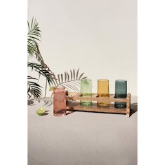 Four Cocktail Glasses With Wooden Tray - One Each Color