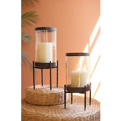 Set Of Two Iron Glass Hurricanes