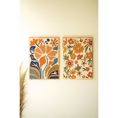 Set Of Two Wood Framed Hand Hooked Wall Art - Florals
