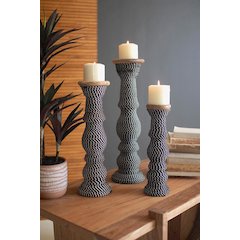 Set 3 Wooden Candle Holders With Black & White String