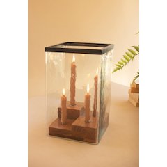Large Glass Hurricane With Four Taper Holder Wood Base